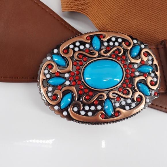 Southwestern Style Turquoise Blue Coral Red Copper Belt Buckle Brown Stretch XL - Picture 2 of 15